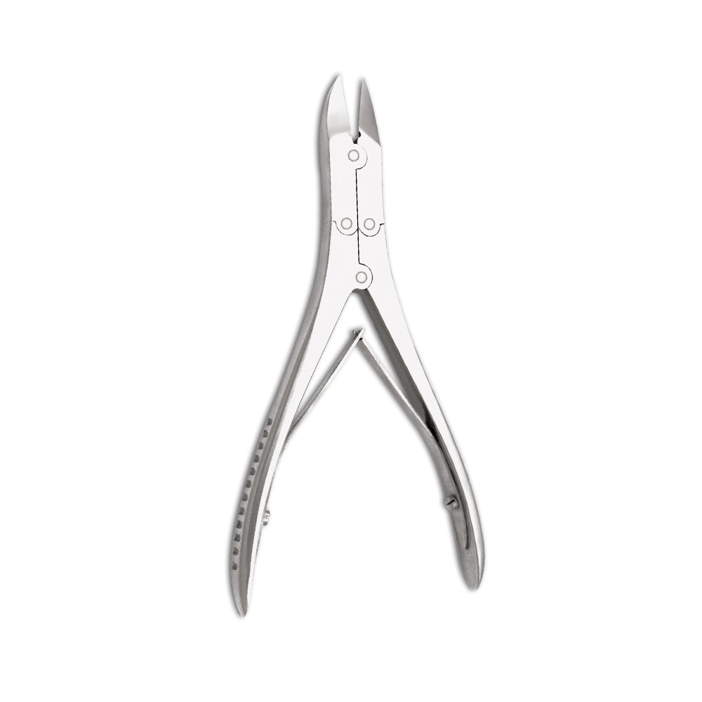Nail pliers, double joint, slightly curved blade, without buffer spring, grooved handle, 16 cm total length